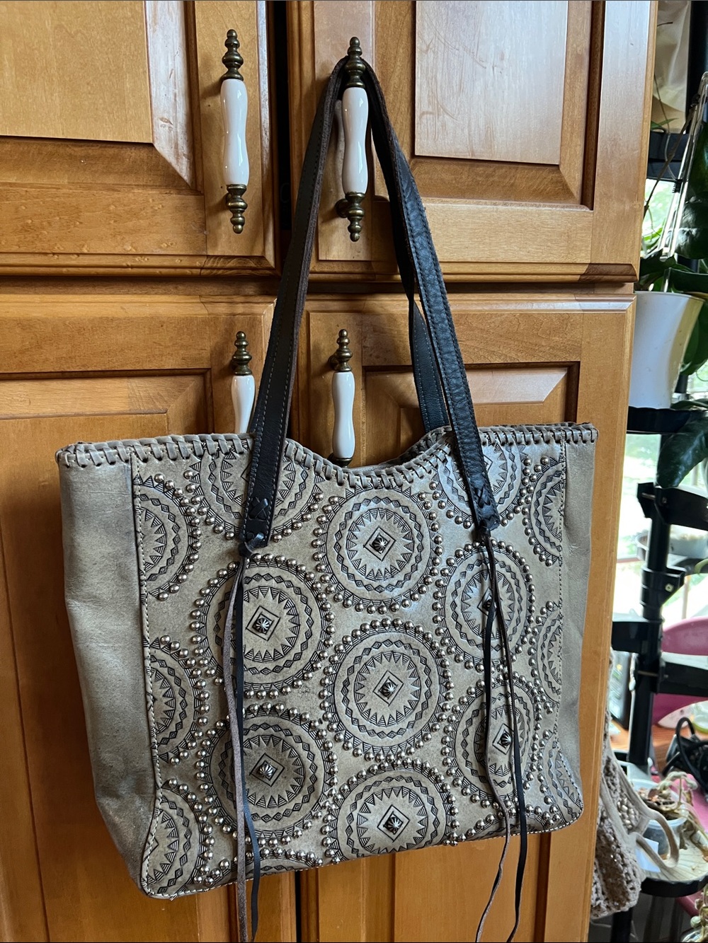 American West Taupe and Black Studded Geometric Tote Gently Used